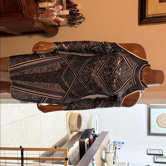 Express Black and Silver Geometric Sequin Dress - Picture 1 of 5